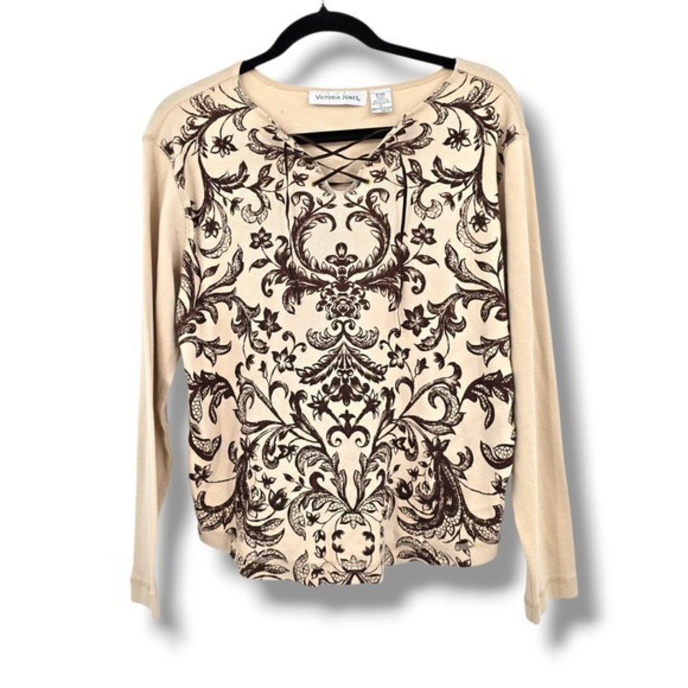 Victoria Jones Brown Floral Print Long Sleeve Lace Up Top Women's Size Large
